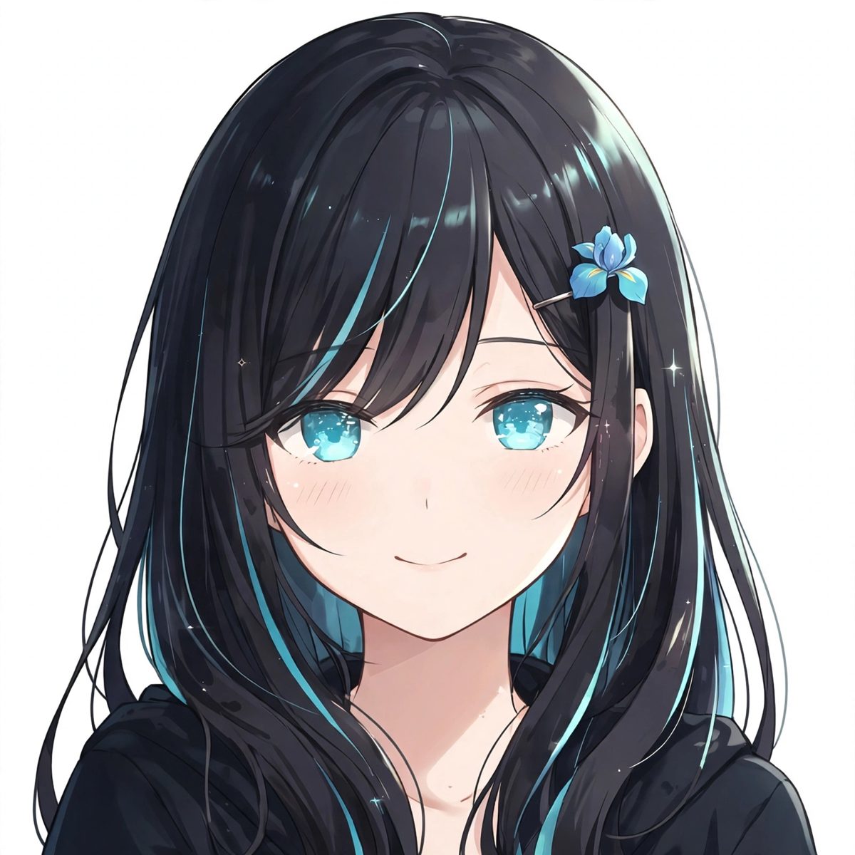 Portrait of Iris, a cyan anime girl with cyan highlights and a cyan iris hairpin, face forward