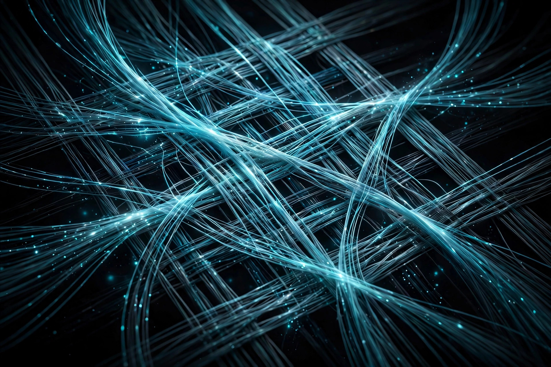Luminous cyan light threads weaving across a deep black background